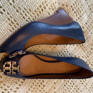 Tory Burch Navy Leather Peep-toe Wedge Heel Pumps